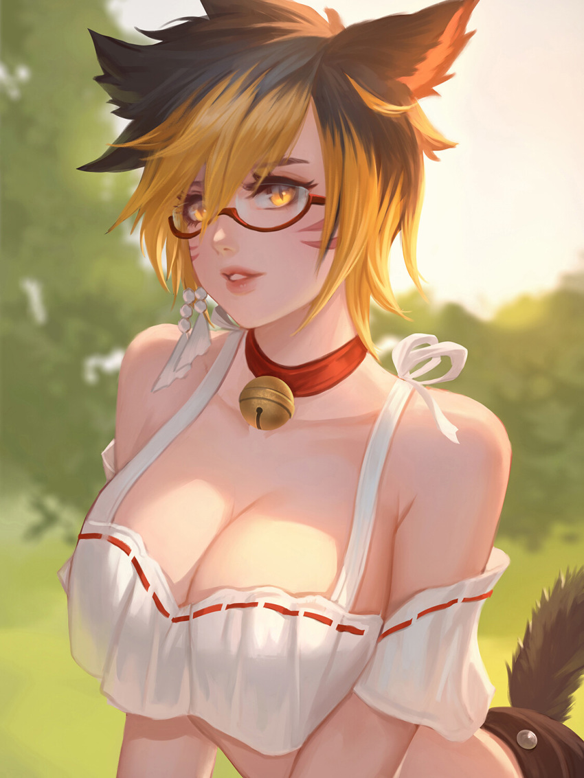 1girl animal_ears bangs bell bell_choker bikini_top blurry blurry_background breasts brown_eyes brown_hair cat_ears cat_tail choker cleavage commission day final_fantasy final_fantasy_xiv hair_between_eyes highres large_breasts lips looking_at_viewer miqo'te multicolored_hair nguyen_uy_vu outdoors parted_lips semi-rimless_eyewear short_hair shorts solo tail two-tone_hair