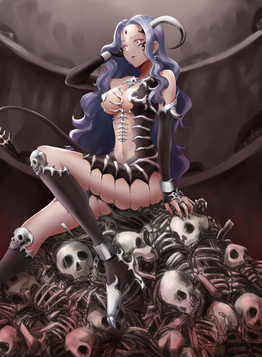 1girl alternate_eye_color bare_shoulders blue_hair boots breasts cosplay demon_tail elite_four facial_mark forehead_mark hands_in_hair high_heels highres horns houndoom houndoom_(cosplay) jojobirdz karin_(pokemon) knee_boots long_hair navel pokemon pokemon_(game) pokemon_hgss skeleton skull smile solo tail yellow_eyes