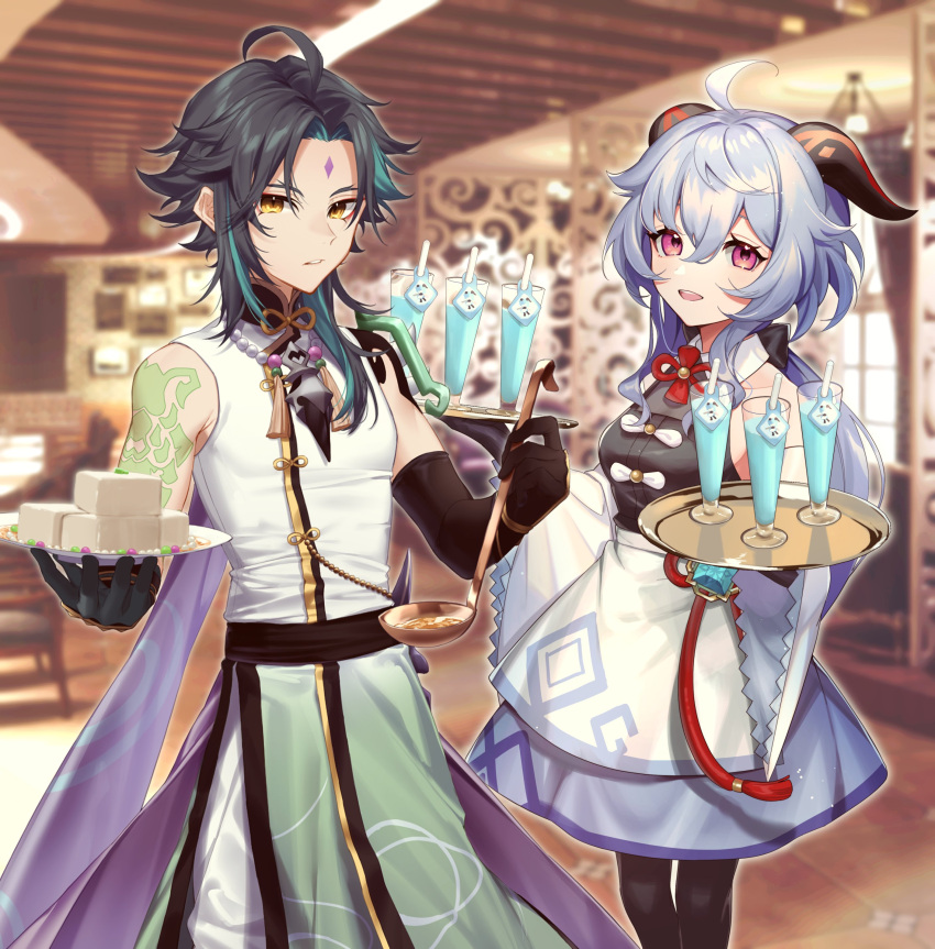 1boy 1girl absurdres ahoge almond_tofu_(genshin_impact) arm_tattoo bangs bead_necklace beads black_hair black_legwear blue_hair blue_skirt blush botantouki bow bowtie breasts chinese_knot dipper drink facial_mark flower_knot food forehead_mark ganyu_(genshin_impact) genshin_impact highres horns indoors jewelry long_hair looking_at_viewer low_ponytail medium_breasts necklace pants purple_eyes shirt sidelocks skirt smile standing tassel tattoo totomagg tray vision_(genshin_impact) white_pants white_shirt xiao_(genshin_impact) yellow_eyes