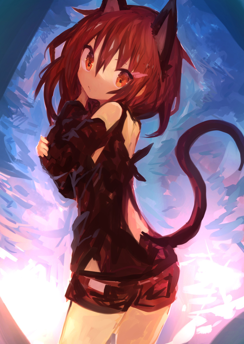 1girl absurdres alternate_costume animal_ears bangs black_shorts blue_background brown_eyes brown_hair cat_ears cat_girl cat_tail closed_mouth hair_between_eyes hair_ornament hairclip highres ikazuchi_(kantai_collection) kaamin_(mariarose753) kantai_collection long_sleeves short_hair shorts solo tail