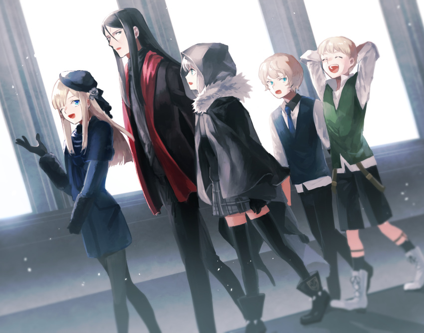 2girls 3boys black_gloves black_hair black_legwear blonde_hair day dutch_angle fate_(series) flat_eskardos formal gloves gray_(lord_el-melloi_ii) grey_hair hat highres lord_el-melloi_ii lord_el-melloi_ii_case_files makimura_(miwmiw-cage) multiple_boys multiple_girls necktie pantyhose reines_el-melloi_archisorte shorts stole svin_glascheit thighhighs tilted_headwear vest waistcoat walking waver_velvet windows