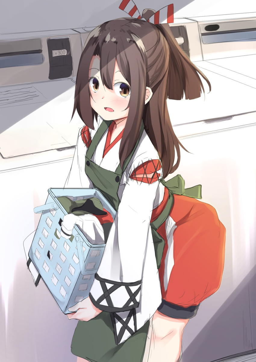 1girl apron basket bent_over detached_sleeves hakama_pants high_ponytail highres holding japanese_clothes kantai_collection kimono laundromat laundry laundry_basket light_brown_hair long_hair washing_machine zarashi zuihou_(kantai_collection)