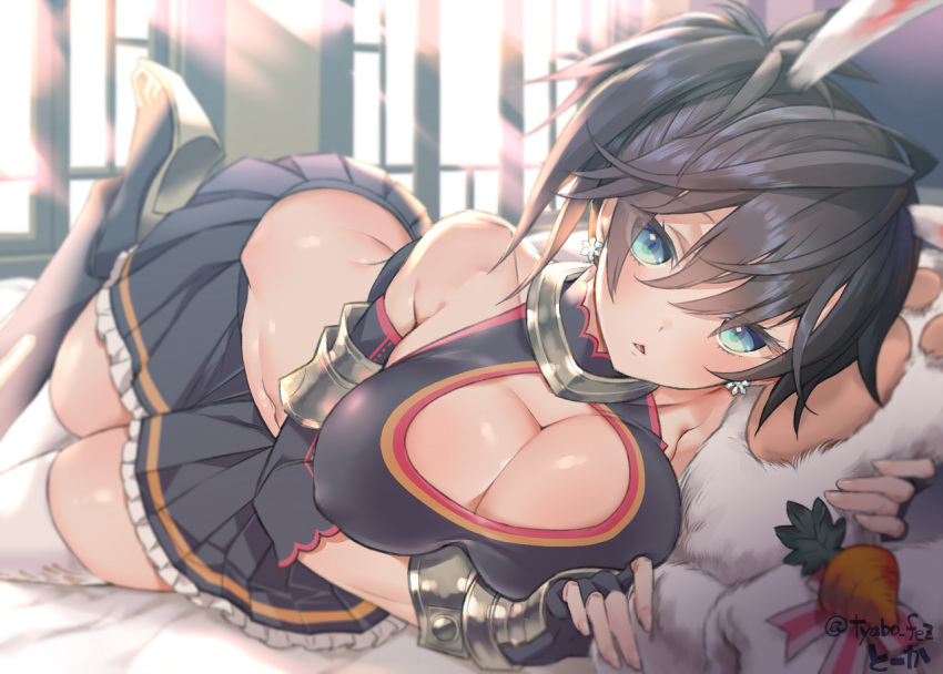 bed black_hair breasts fantasy_earth_zero gloves ponytail signed skirt thighhighs tooka waifu2x