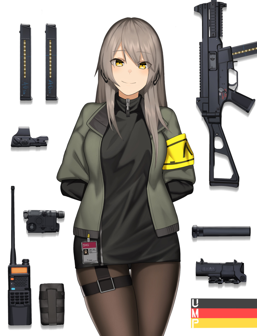 1girl arms_behind_back bangs black_ribbon black_shirt breasts cero_(last2stage) german_flag girls_frontline green_jacket grey_hair gun hair_ribbon highres id_card jacket large_breasts long_hair long_sleeves looking_at_viewer magazine_(weapon) open_clothes open_jacket pantyhose radio ribbon shirt simple_background smile solo submachine_gun suppressor ump40_(girls_frontline) weapon white_background yellow_eyes