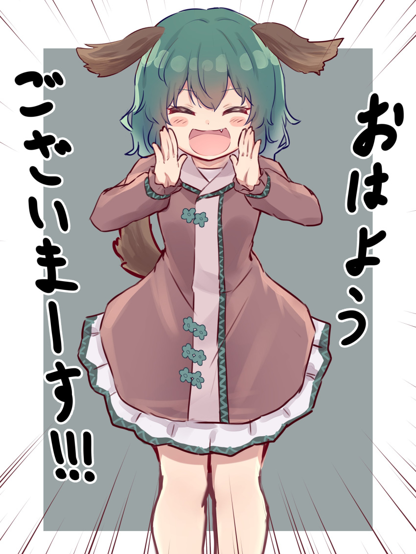 1girl :d ^_^ absurdres animal_ears bangs blush_stickers border closed_eyes commentary_request dress emphasis_lines eyebrows_visible_through_hair facing_viewer fang feet_out_of_frame forneus_0 green_hair grey_background hands_up highres kasodani_kyouko long_sleeves open_mouth outside_border partial_commentary pink_dress short_dress short_hair simple_background smile solo standing tail touhou translation_request white_border