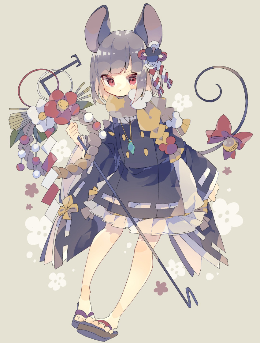 1girl :t alternate_costume animal_ears arm_behind_back bangs bare_legs beads beige_background bell black_dress blush bow buttons closed_mouth commentary_request detached_sleeves dowsing_rod dress flower frills full_body grey_hair hand_up highres holding holding_rod jewelry jingle_bell kouhaku_nawa layered_clothing looking_at_viewer mickey_mouse mouse mouse_ears mouse_hair_ornament mouse_tail nazrin nikorashi-ka pendant pout red_bow red_eyes red_flower red_ribbon ribbon ribbon-trimmed_clothes ribbon-trimmed_dress ribbon-trimmed_sleeves ribbon_trim rope scarf shide shimenawa short_hair sidelocks simple_background solo swept_bangs tail tail_bell tail_bow tassel touhou very_long_sleeves white_flower white_ribbon wide_sleeves wreath yellow_neckwear yellow_ribbon zouri