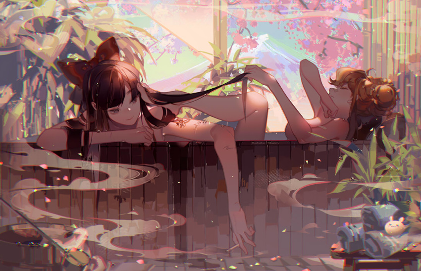 2girls arm_support arms_up artist_name bandaid bandaid_on_nose barefoot bathing bathtub between_fingers black_eyes blonde_hair bow breasts brown_hair cherry_blossoms cigarette closed_eyes closed_mouth commentary_request day hair_bow hair_bun holding holding_another's_hair holding_cigarette kawacy leg_up long_hair medium_breasts mountain multiple_girls nude pipimi poptepipic popuko red_bow sideboob smile smoke stool towel tree very_long_hair water yuri