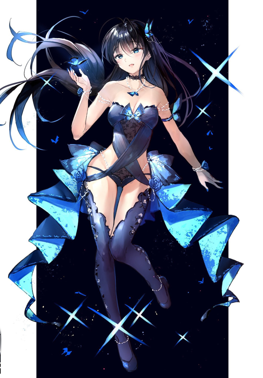 1girl armlet bangs black_hair blue_eyes blue_legwear blue_nails blue_panties breasts butterfly_hair_ornament choker cleavage collarbone eyebrows_visible_through_hair floating_hair full_body hair_between_eyes hair_ornament head_tilt highres jewelry long_hair medium_breasts nail_polish necklace open_mouth original panties shiny shiny_hair sleeveless solo standing strapless takeashiro thighhighs underwear very_long_hair