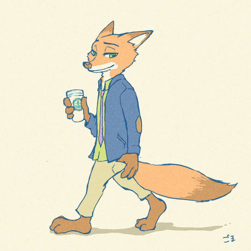 1:1 2018 anthro barefoot bottomwear canid canine clothed clothing dipstick_tail disney fox fully_clothed fur g0masolt green_eyes half-closed_eyes hi_res holding_cup holding_object male mammal multicolored_tail narrowed_eyes necktie nick_wilde orange_body orange_fur pants red_fox shirt simple_background solo tan_background topwear uniform walking zootopia