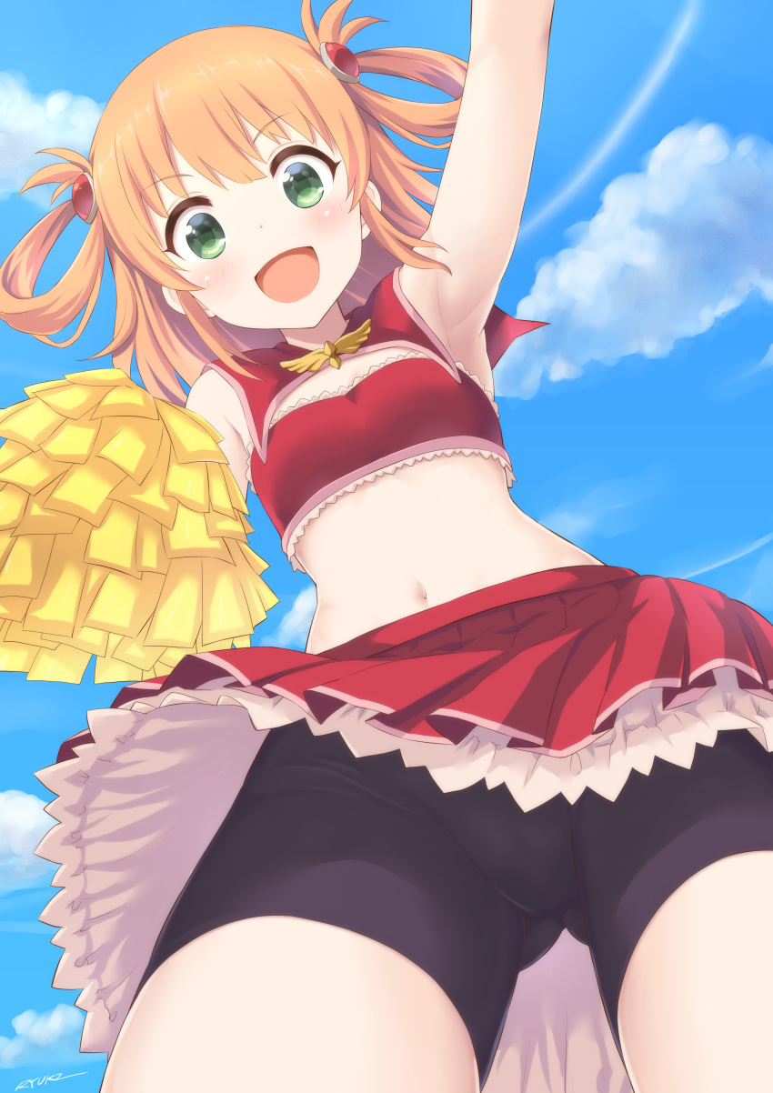 1girl :d absurdres arm_up armpits ass_visible_through_thighs bangs bare_shoulders bike_shorts black_shorts blue_sky breasts brown_hair cheerleader cloud commentary_request cowboy_shot crop_top day eyebrows_visible_through_hair green_eyes hair_between_eyes hair_ornament hair_rings highres holding inosaki_rino long_hair looking_at_viewer midriff navel open_mouth outdoors pleated_skirt pom_poms princess_connect! princess_connect!_re:dive red_skirt ryuki_(ryukisukune) short_shorts shorts signature skirt sky small_breasts smile solo upskirt