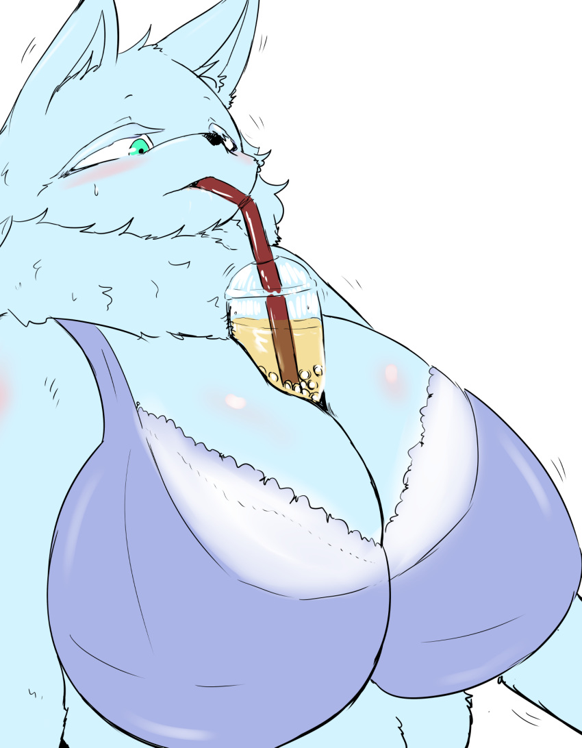 2019 anthro beverage big_breasts blush bodily_fluids bra breasts canid canine canis cleavage clothed clothing cocolog female fur green_eyes hands-free_bubble_tea huge_breasts kemono mammal meme motion_lines roko_(cocolog) simple_background solo sweat underwear white_background white_body white_fur wolf
