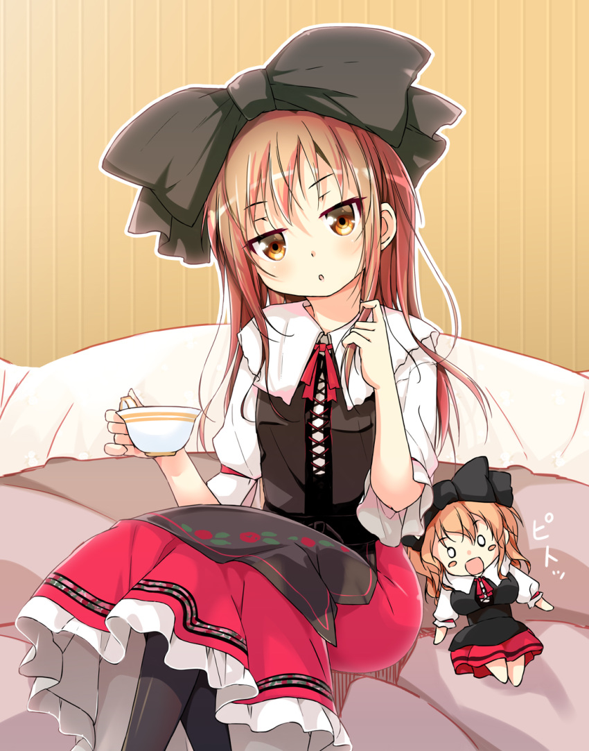 1girl :o apron bangs black_apron black_bow black_legwear black_vest bow brown_eyes brown_hair cafe-chan_to_break_time cafe_(cafe-chan_to_break_time) character_doll collared_shirt commentary_request cup eyebrows_visible_through_hair feet_out_of_frame floral_print frilled_skirt frills hair_bow head_tilt highres holding holding_cup long_hair neck_ribbon pantyhose parted_lips porurin red_ribbon red_skirt ribbon shirt short_sleeves sitting skirt solo tea_(cafe-chan_to_break_time) teacup very_long_hair vest white_shirt