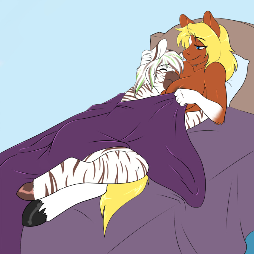 bed breasts duo equid equine furniture horse jackie_rose mammal skidd smile zebra