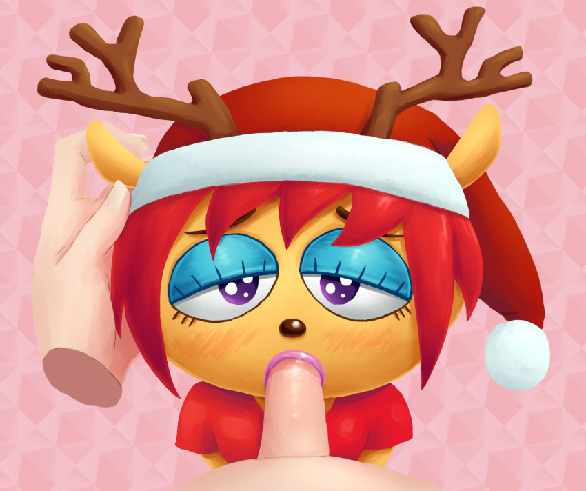 anthro antlers blush bovid caprine christmas clothed clothing duo eyeshadow fellatio female female_focus first_person_view fur hair hat headgear headwear hi_res holidays horn lammy_lamb looking_at_viewer makeup male male/female mammal oral orange_body orange_fur parappa_the_rapper penile purple_eyes red_background red_hair santa_hat sex sheep simple_background solo_focus sony_corporation sony_interactive_entertainment sr um_jammer_lammy video_games