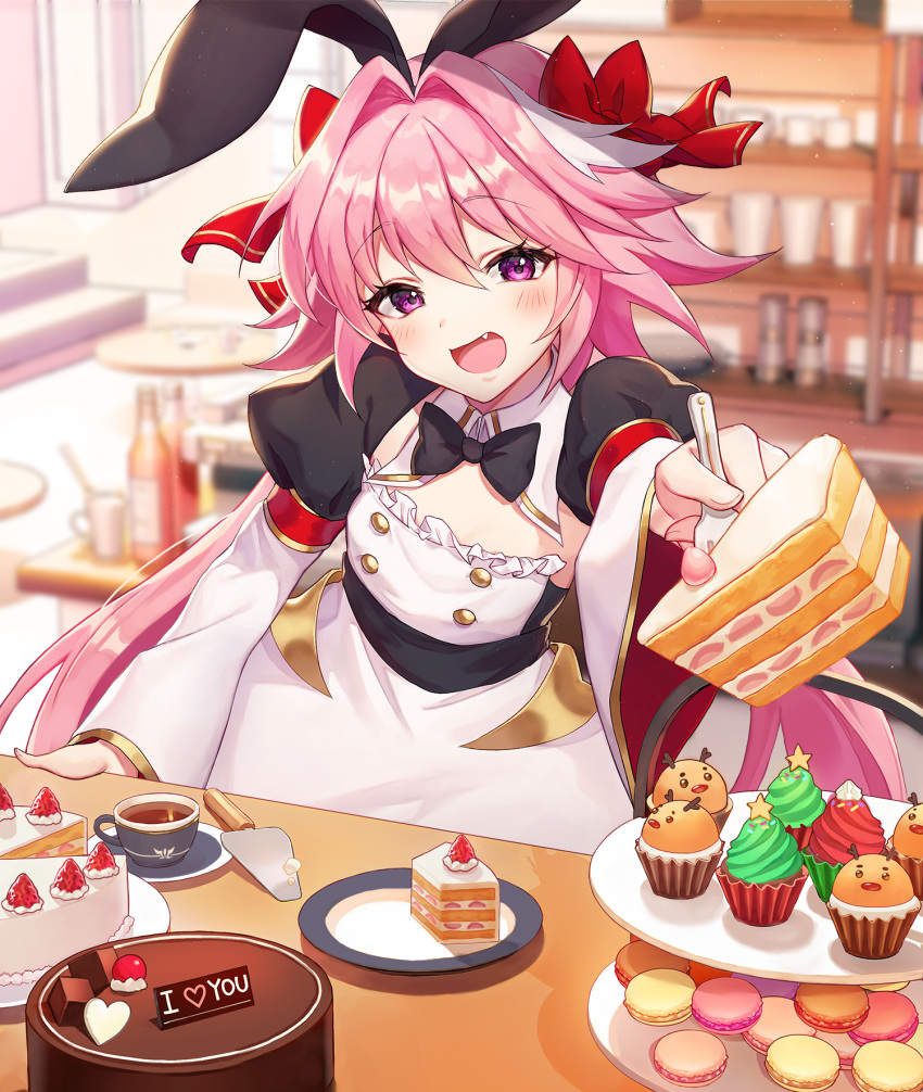 1boy animal_ears arm_at_side astolfo_(fate) bangs black_bow black_neckwear blurry blurry_background bow bowtie bunny_ears cake chocolate chocolate_cake cup cupcake detached_collar dress eyebrows_visible_through_hair fake_animal_ears fang fate/grand_order fate_(series) food fork frills fruit giving hair_bow hair_intakes highres holding holding_fork indoors juliet_sleeves long_hair long_sleeves looking_at_viewer macaron male_focus multicolored_hair open_mouth otoko_no_ko outstretched_arm pink_hair plate pn_(wnsl216) puffy_sleeves purple_eyes red_bow saucer slice_of_cake smile solo spatula strawberry strawberry_shortcake streaked_hair table tea teacup tiered_tray upper_body very_long_hair white_hair