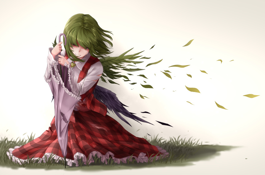 1girl absurdres bangs clenched_teeth commentary_request feathered_wings green_hair grey_background hands_up highres holding holding_umbrella kamiya_ueshi kazami_yuuka long_sleeves petticoat plaid plaid_skirt plaid_vest planted_umbrella purple_umbrella red_eyes red_skirt red_vest shirt short_hair sitting skirt skirt_set solo tears teeth touhou umbrella vest white_shirt wings