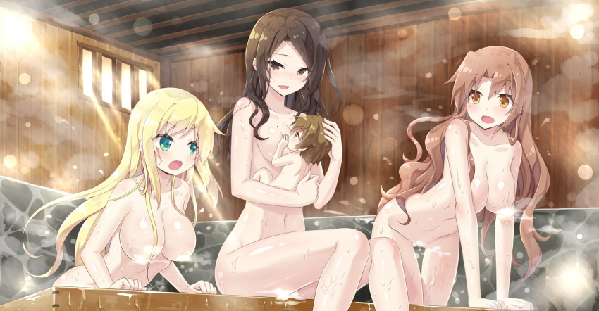 1boy 3girls arm_support ass_visible_through_thighs baby bathing blonde_hair breast_feeding breasts brown_eyes brown_hair character_request comm-nan_no_ore_ga_koushou_skill_ni_zenfurishite_tenseishita_kekka convenient_censoring earrings green_eyes hair_censor highres indoors jewelry large_breasts leaning_forward light_brown_eyes light_brown_hair mole mole_on_breast mole_under_eye multiple_girls navel novel_illustration nude official_art shiny shiny_skin sitting steam steam_censor wavy_mouth wet yano_mitsuki