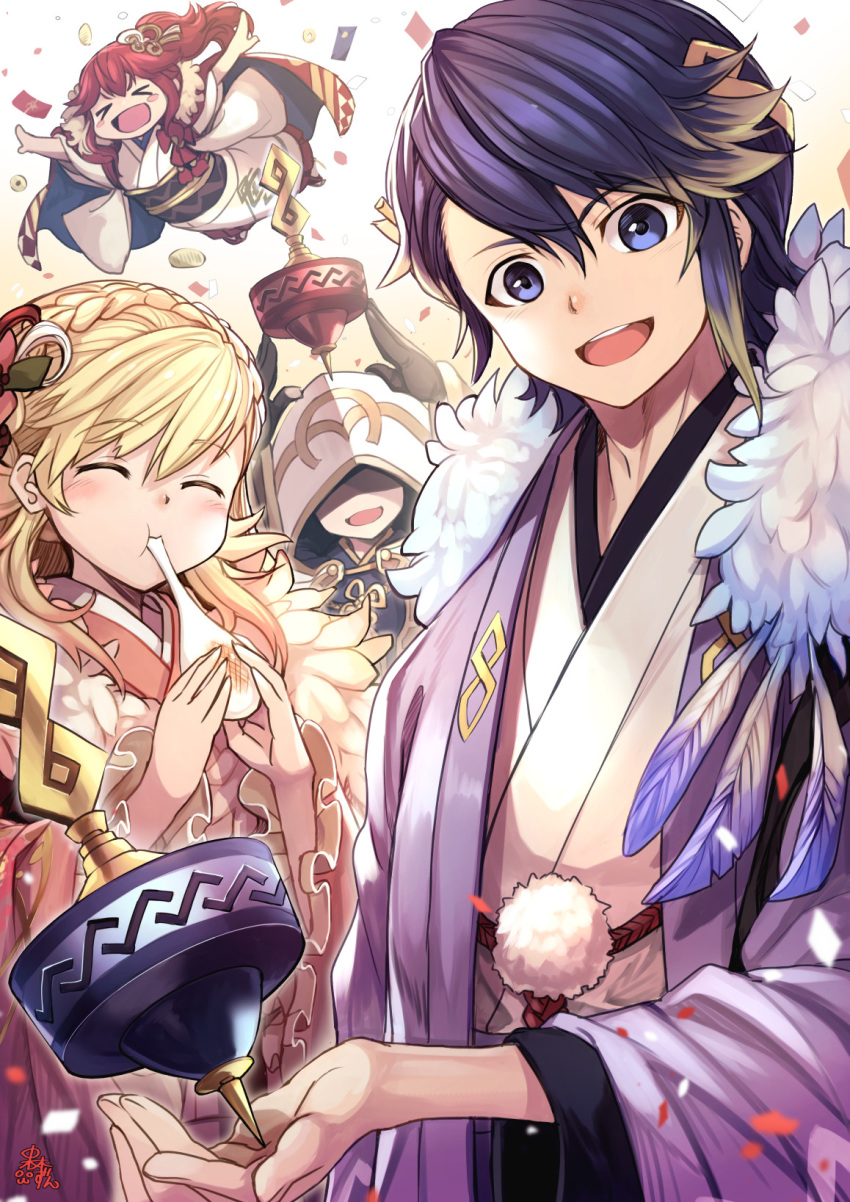 &gt;_&lt; 1boy 1other 2girls alfonse_(fire_emblem) anna_(fire_emblem) arms_up black_gloves blonde_hair blue_eyes blue_hair blush_stickers braid brother_and_sister closed_eyes crown_braid eating fire_emblem fire_emblem_heroes gloves gradient_hair hair_ornament highres holding hood hood_up japanese_clothes kimono kiran_(fire_emblem) long_hair mochi multicolored_hair multiple_girls nakabayashi_zun obi open_mouth outstretched_arms pink_hair ponytail red_hair sash sharena short_hair siblings spread_arms