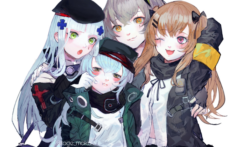 404_(girls_frontline) 4girls :3 :d :o annoyed arm_up armband bangs belly_peek black_bow black_gloves black_headwear black_scarf blue_hair blunt_bangs bow brown_hair cheek_poking closed_mouth cross_hair_ornament fingerless_gloves g11_(girls_frontline) girls_frontline gloves green_eyes grey_hair hair_bow hair_ornament hairclip hand_on_another's_shoulder hat highres hk416_(girls_frontline) jacket long_hair looking_at_another looking_away mochacot multiple_girls one_eye_closed one_side_up open_clothes open_jacket open_mouth partially_unbuttoned poking red_eyes scar scar_across_eye scarf shirt simple_background smile twitter_username ump45_(girls_frontline) ump9_(girls_frontline) upper_body white_background white_gloves white_shirt yellow_eyes