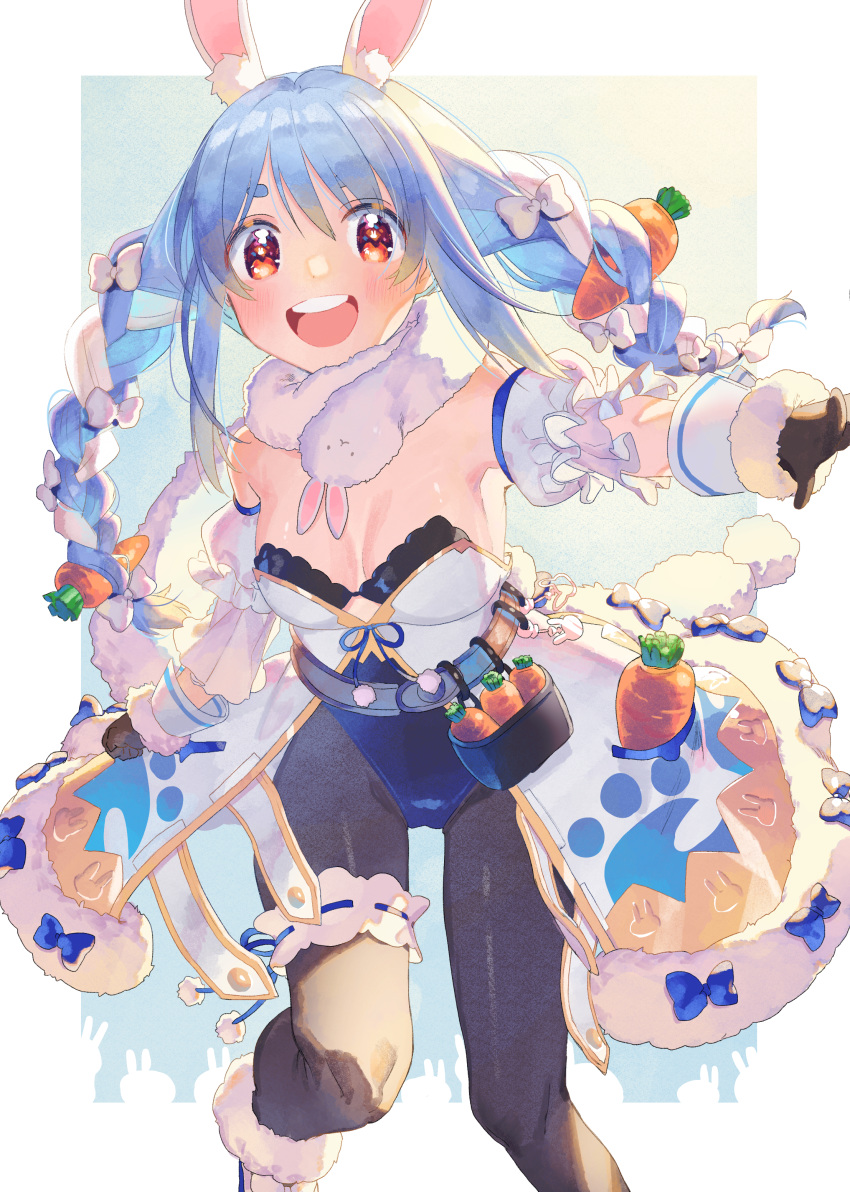 1girl absurdres animal_ear_fluff animal_ears armpits bangs bare_shoulders black_gloves black_legwear blue_hair blush bow braid breasts bunny_ears bunny_girl bunnysuit carrot carrot_hair_ornament commentary feet_out_of_frame food_themed_hair_ornament fur_trim gloves hair_bow hair_ornament highres hololive leg_garter long_hair looking_at_viewer medium_breasts multicolored_hair open_mouth pantyhose pom_pom_(clothes) round_teeth solo teeth twin_braids two-tone_hair usada_pekora virtual_youtuber white_bow white_coat white_hair zuho_(vega)