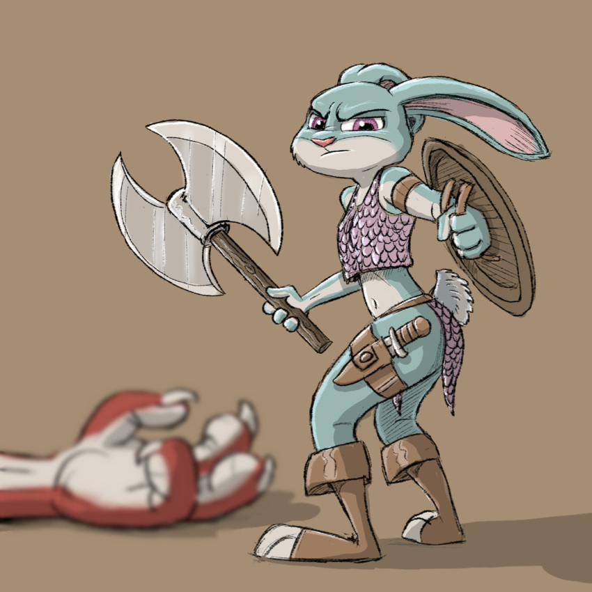 1:1 anthro armor axe battle_axe brown_background clothing dagger disney duo fur holding_object holding_weapon judy_hopps lagomorph leporid loincloth mammal melee_weapon midriff navel purple_eyes rabbit shield simple_background standing tony_helms unconvincing_armor weapon zootopia