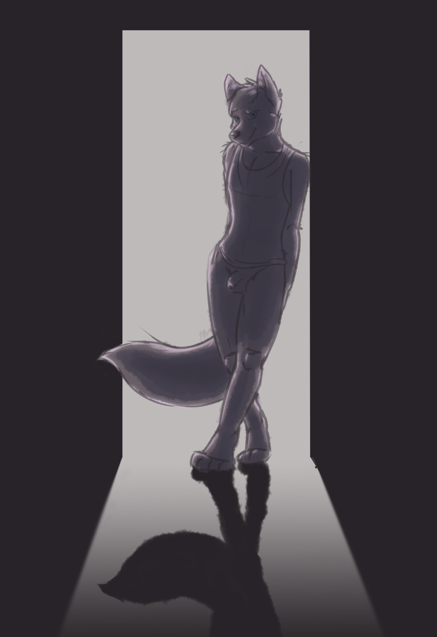 absurd_res ambiguous_species balls bed_face blue_eyes boblios bottomless clothed clothing flaccid foreskin gray_scale hair hi_res leaning looking_at_view male penis shaded shadow simple_background sketch smile smirk standing