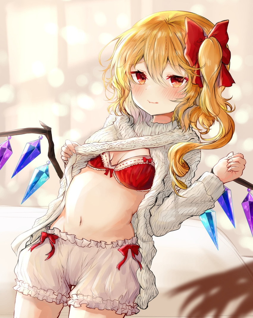 1girl alternate_costume bangs blonde_hair bloomers blush bow bra breasts commentary_request cowboy_shot crystal eyebrows_visible_through_hair flandre_scarlet grey_sweater hair_between_eyes hair_bow hand_up highres long_hair long_sleeves looking_at_viewer medium_breasts navel no_hat no_headwear one_side_up red_bow red_bra red_eyes solo standing stomach sweater touhou underwear white_bloomers wings wool yuma_(yuuma_pants)