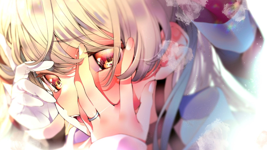 1girl amatsukaze_(kantai_collection) bangs blush close-up eyebrows_visible_through_hair eyelashes gloves hair_tubes hand_on_own_cheek highres irokiiro jewelry kantai_collection long_hair long_sleeves multicolored multicolored_eyes open_mouth ring silver_hair single_glove smudge solo wedding_band white_gloves