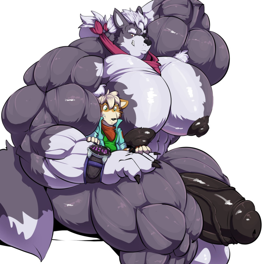 1:1 anthro big_muscles big_penis black_penis bobert canid canine canis clock duo fox fox_mccloud genitals hi_res huge_muscles huge_penis hyper hyper_genitalia hyper_muscles hyper_penis male male/male mammal muscular muscular_male nintendo penis size_difference star_fox video_games watch wolf wolf_o'donnell