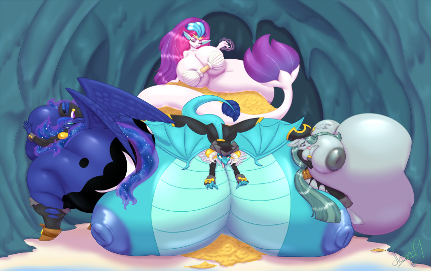 5_fingers absurd_res anthro belly big_belly big_breasts blues64 breasts clothing cutie_mark dragon equid equine female fingers friendship_is_magic group hi_res horn huge_breasts hyper hyper_belly hyper_breasts lesang mammal marble_pie_(mlp) membrane_(anatomy) membranous_wings my_little_pony non-mammal_breasts princess_ember_(mlp) princess_luna_(mlp) queen_novo_(mlp) signature tongue tongue_out winged_unicorn wings