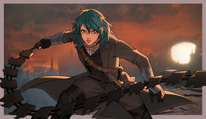 aqua_hair belt black_footwear black_gloves bloodborne blue_eyes boots bracer byleth_(fire_emblem) fighting_stance fire_emblem fire_emblem:_three_houses gloves hair_between_eyes holding_whip hunter_(bloodborne) knee_boots long_sleeves looking_at_viewer outdoors shroedinger solo standing whip