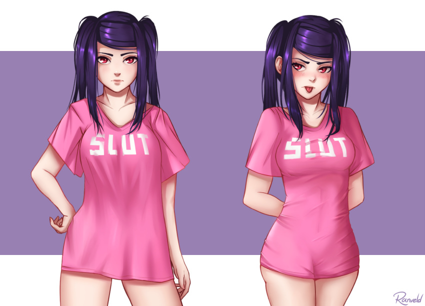 1girl :p arms_behind_back baggy_clothes bangs blush breasts clothes_writing collage collarbone contrapposto covered_navel embarrassed eyebrows fuck-me_shirt hand_on_hip jill_stingray long_hair medium_breasts meme_attire pajamas_challenge pink_shirt profanity purple_hair ranveld red_eyes shirt solo standing swept_bangs t-shirt taut_clothes taut_shirt tongue tongue_out twintails va-11_hall-a