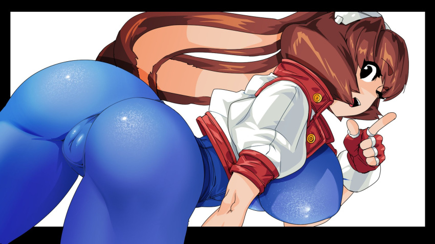 1girl animal_ears blue_bodysuit bodysuit breasts brown_eyes brown_hair bunny_ears commentary_request cropped_jacket fingerless_gloves gloved gloves highres jacket large_breasts makihara_arina puffy_short_sleeves puffy_sleeves red_gloves ryao short_hair short_sleeves skin_tight solo waku_waku_7