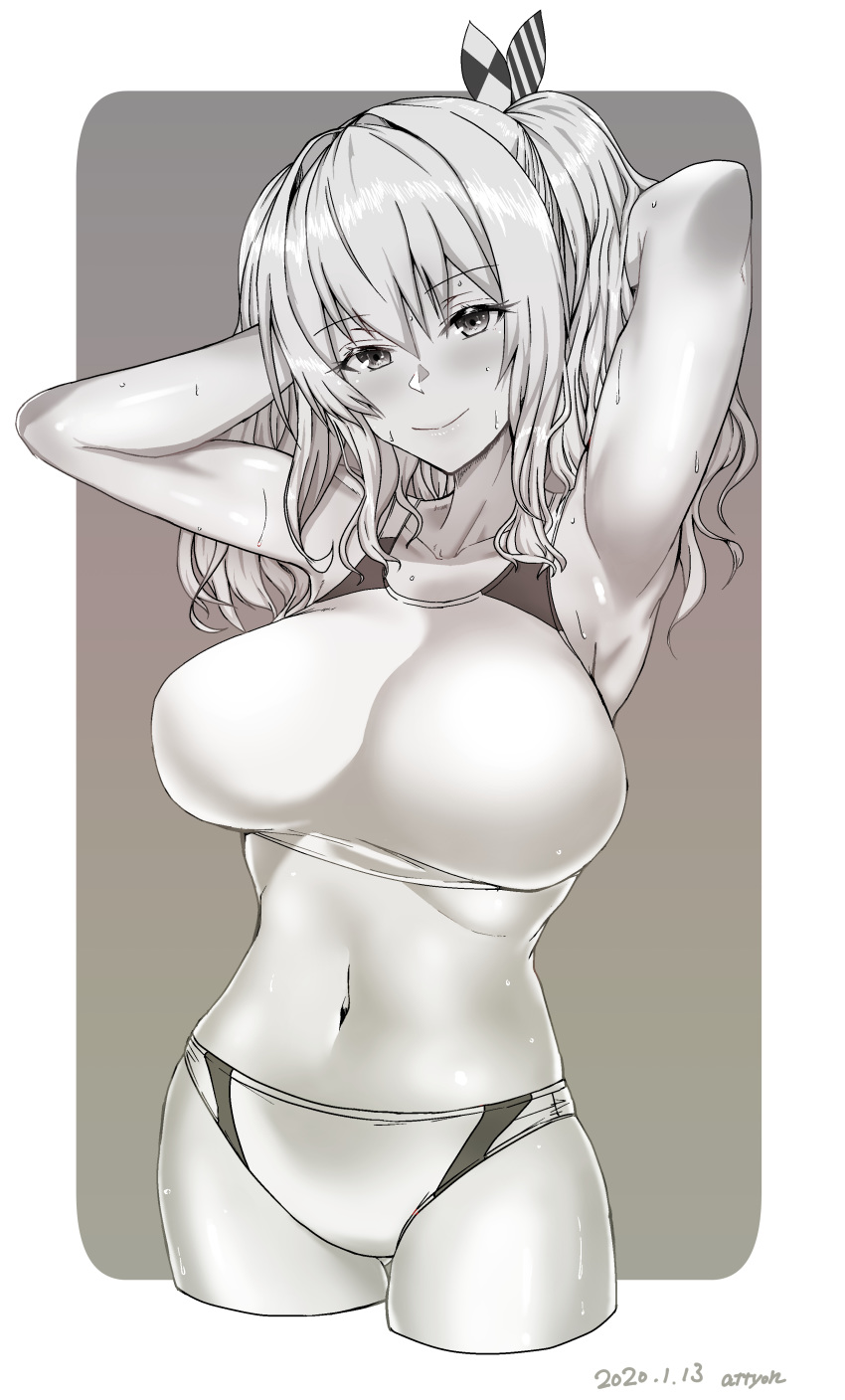1girl absurdres alternate_costume arm_behind_head breasts collarbone commentary_request cowboy_shot cropped_legs greyscale hair_ornament highres kantai_collection kashima_(kantai_collection) killing-inthe-name large_breasts looking_at_viewer midriff monochrome sidelocks smile solo sports_bikini twintails two-tone_background wavy_hair