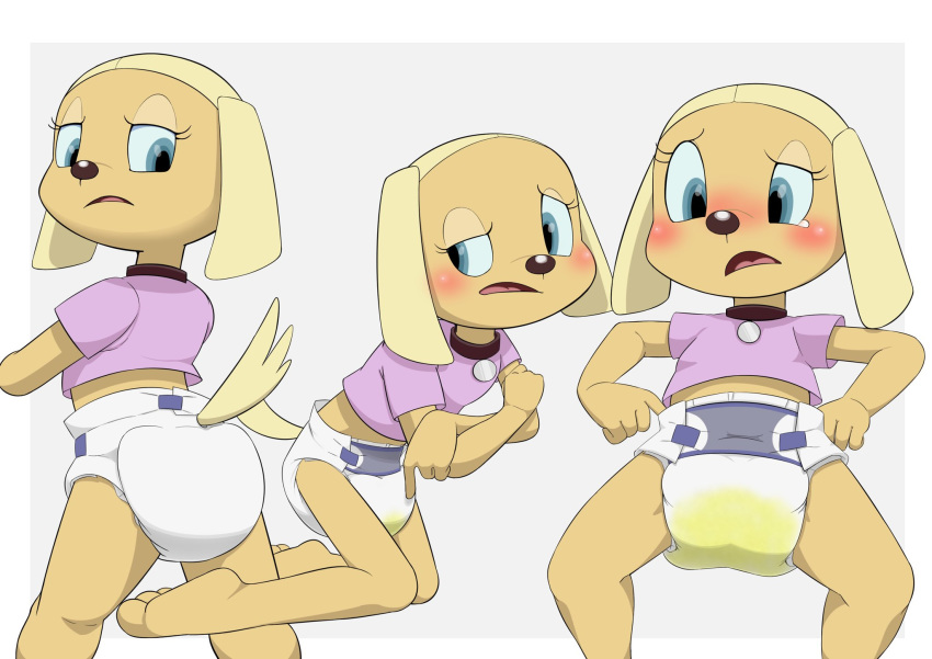 anthro blush bodily_fluids brandy_and_mr._whiskers brandy_harrington canid canine canis clothing collar diaper disney domestic_dog female genital_fluids hi_res kneeling mammal nyanyakotarou open_mouth peeing shirt solo topwear urine wet_diaper wetting