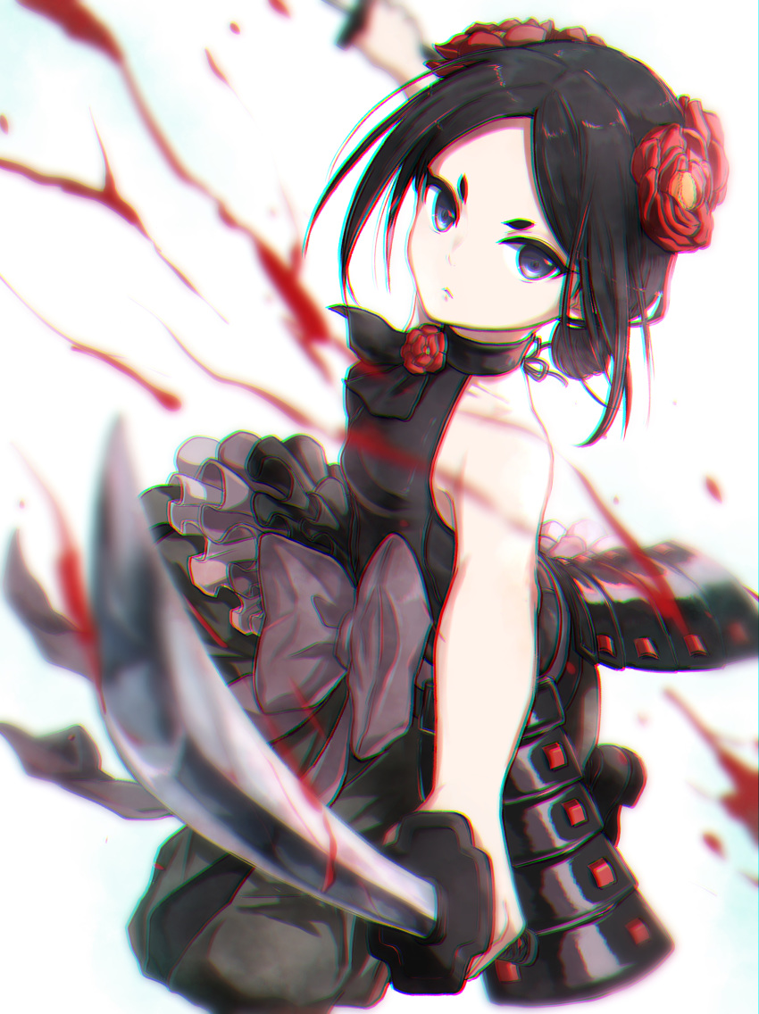 1girl black_hair black_pants blue_eyes blurry blurry_background blurry_foreground chromatic_aberration dual_wielding faulds flower hair_flower hair_ornament highres holding holding_sword holding_weapon looking_at_viewer noraillust pants princess_principal red_flower short_hair simple_background sleeveless solo sword toudou_chise weapon white_background