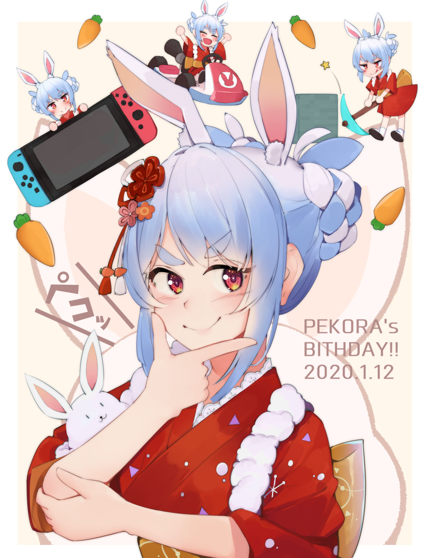 1girl animal_ear_fluff animal_ears bangs blue_hair braid braided_bun bunny_ears carrot chibi closed_mouth commentary dated double_bun doyagao eyebrows_visible_through_hair go_kart hand_on_own_chin happy_birthday highres hololive japanese_clothes kimono multicolored_hair nintendo_switch pickaxe red_eyes red_kimono short_hair short_sleeves sidelocks smile smug thick_eyebrows thinking upper_body usada_pekora uta_(mskmkt3822) white_hair wide_sleeves