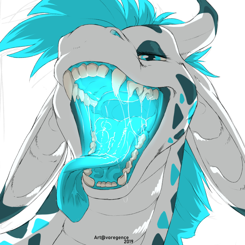 2019 ambiguous_gender blue_eyes blue_mane blue_markings blue_tongue bodily_fluids bust_portrait dated digital_drawing_(artwork) digital_media_(artwork) dragon drooling fangs feral front_view glowing glowing_mouth half-closed_eyes hi_res horn looking_at_viewer mane markings mouth_shot narrowed_eyes nude open_mouth portrait saliva saliva_string scales sharp_teeth simple_background solo spots spotted_body spotted_skin tanzanite_(character) teeth text three-quarter_view tongue tongue_out voregence watermark white_background white_body white_scales white_skin wingless_dragon