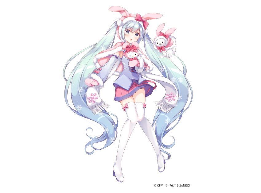 animal animal_ears aqua_eyes aqua_hair blush boots bow bunny_ears cape gloves gomano_rio hatsune_miku hello_kitty_(character) hoodie long_hair rabbit sanrio scarf skirt thighhighs tie twintails vocaloid white yuki_miku yukine_(vocaloid) zettai_ryouiki