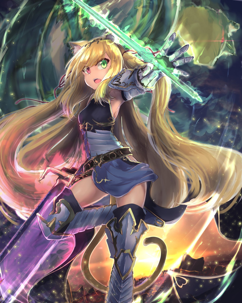 1girl animal animal_on_shoulder backlighting bad_id bad_twitter_id bangs belt black_belt black_sky blonde_hair boots chain cloud cloudy_sky cross dress earrings energy_sword eyebrows_visible_through_hair fang gauntlets gloves greaves green_eyes grey_dress grey_footwear grey_gloves heterochromia highres holding holding_sword holding_weapon huge_weapon jewelry karu_(ricardo_2628) leg_up light_particles long_hair looking_at_viewer open_mouth original outdoors pauldrons red_eyes short_dress sky sleeveless sleeveless_dress solo sparkle standing standing_on_one_leg sunset sword tail thigh_boots thighhighs tiara very_long_hair weapon