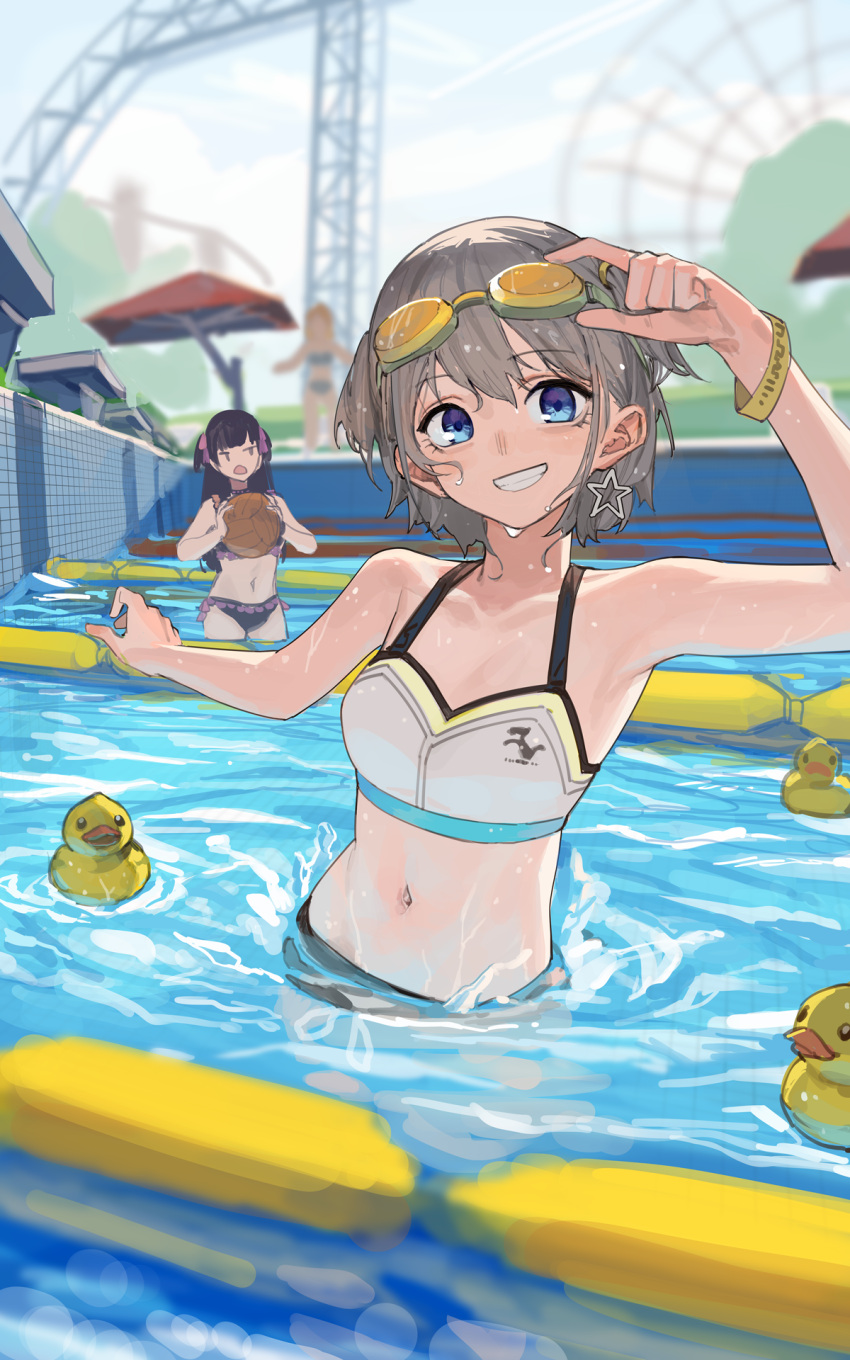 3girls ball bikini blurry depth_of_field earrings goggles goggles_on_head grin highres holding holding_ball holding_goggles idolmaster idolmaster_shiny_colors izumi_mei jewelry lane_line looking_at_viewer mayuzumi_fuyuko midriff multiple_girls navel parasol partially_submerged pool rubber_duck serizawa_asahi smile solo_focus star_(symbol) star_earrings starting_block straylight_(idolmaster) swimsuit t_t two_side_up umbrella volleyball water_drop waterpark wristband zhili_xingzou