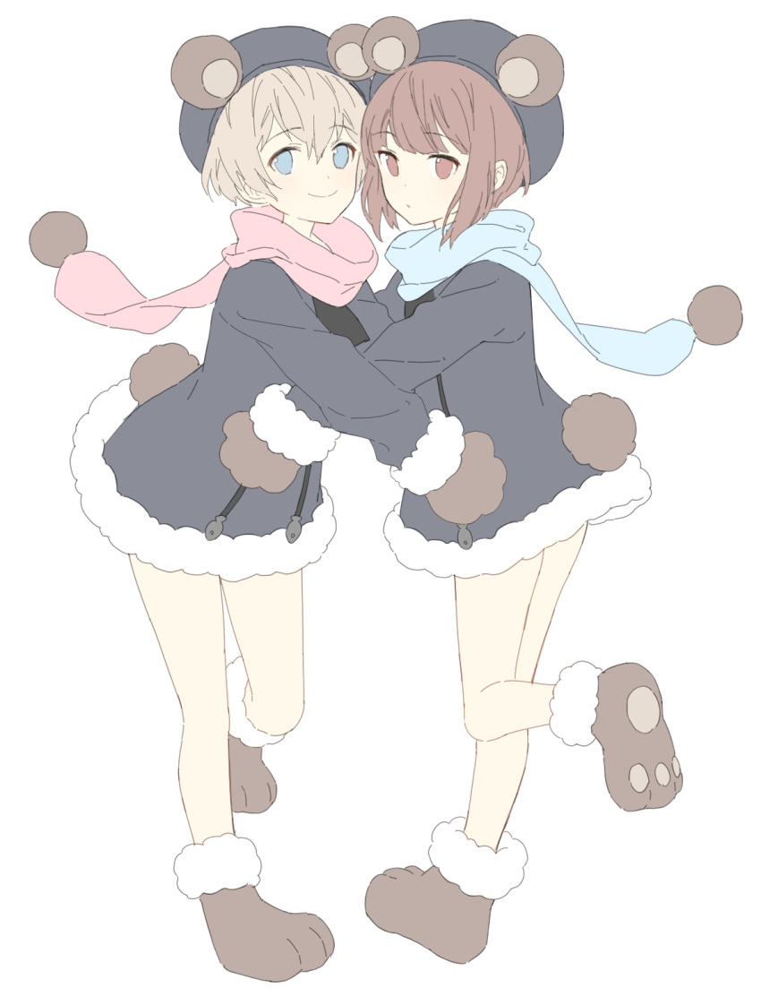 2girls alternate_costume animal_ears bangs bear_ears beret blue_eyes blue_headwear blue_scarf blush brown_eyes brown_hair eyebrows_visible_through_hair fake_animal_ears full_body fur_trim gloves hat highres jacket kantai_collection long_sleeves multiple_girls paw_gloves paw_shoes paws pink_scarf pom_pom_(clothes) scarf shiosoda shoes short_hair silver_hair simple_background smile standing standing_on_one_leg tail white_background z1_leberecht_maass_(kantai_collection) z3_max_schultz_(kantai_collection)