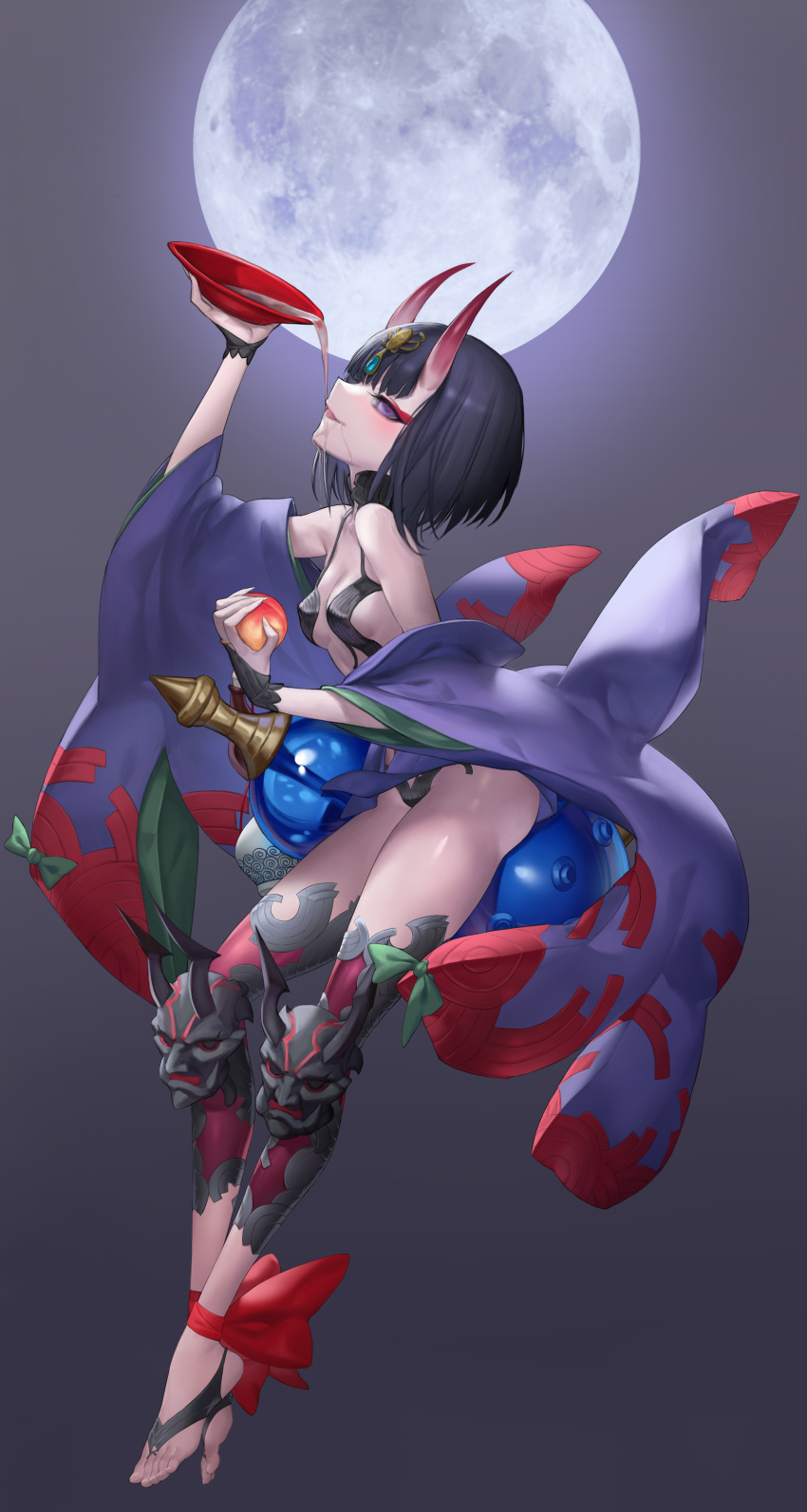 1girl absurdres alcohol ankle_ribbon bangs bare_shoulders barefoot_sandals blush bob_cut breasts cup eyeliner fate/grand_order fate_(series) fengyin_shici_guozi gourd headpiece highres horns japanese_clothes kimono long_sleeves looking_at_viewer makeup oni oni_horns open_mouth purple_eyes purple_hair purple_kimono revealing_clothes ribbon sakazuki sake short_eyebrows short_hair shuten_douji_(fate/grand_order) skin-covered_horns small_breasts smile solo