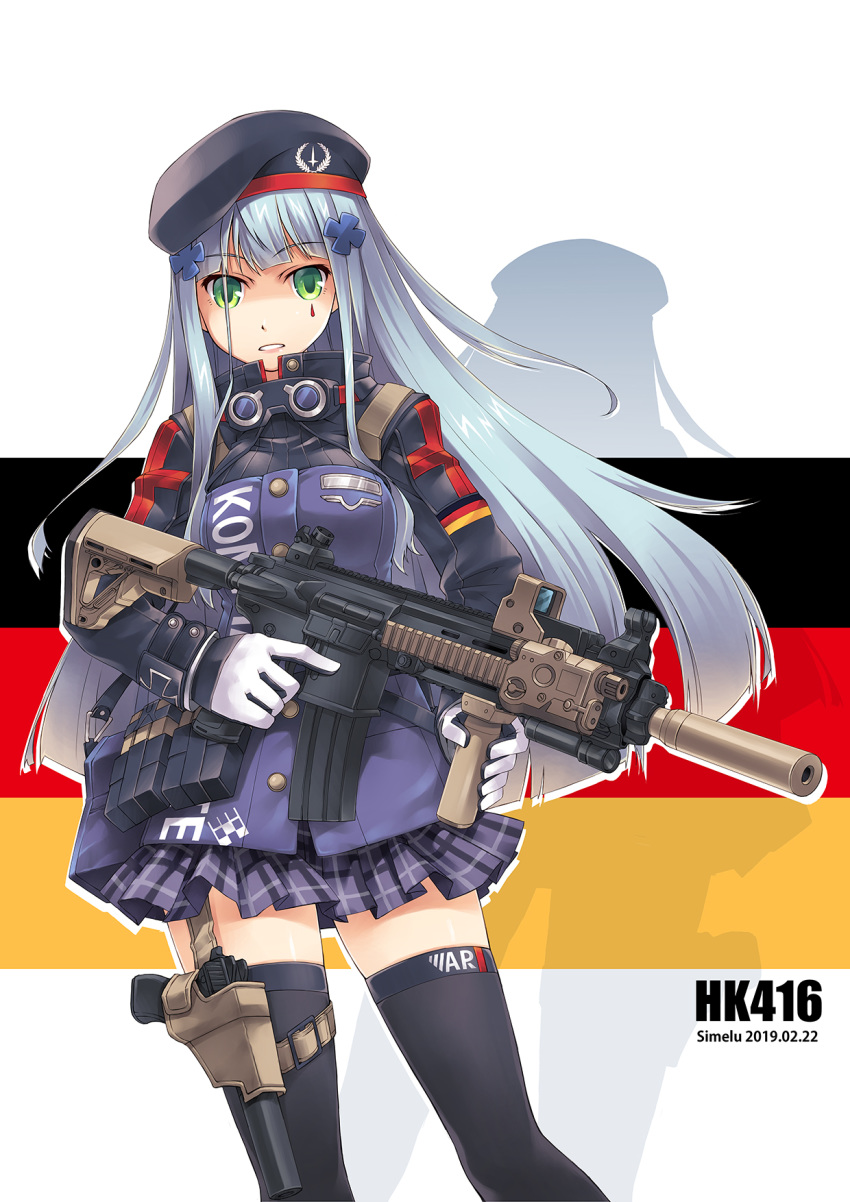 1girl assault_rifle beret black_legwear breasts commentary_request facepaint german_flag girls_frontline gloves green_eyes gun h&amp;k_hk416 hair_ornament hairclip hat highres hk416_(girls_frontline) holding holding_weapon holster iron_cross long_hair magazine_(weapon) medium_breasts military_jacket miniskirt plaid plaid_skirt pleated_skirt rifle silver_hair simelu skindentation skirt solo teardrop thighhighs very_long_hair weapon