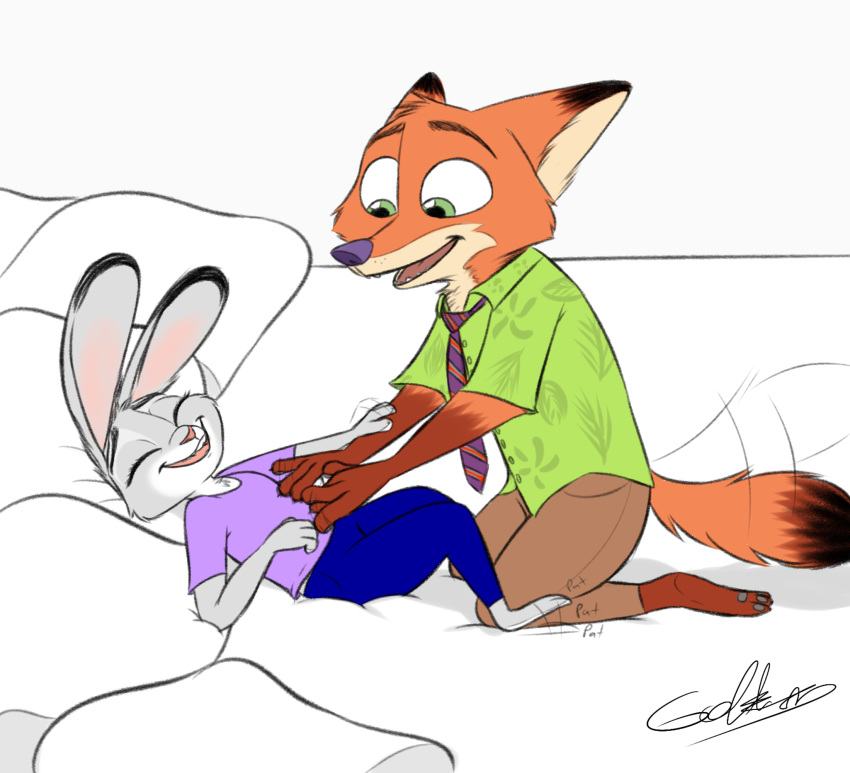 anthro barefoot bed bottomwear canid canine cheek_tuft clothed clothing dipstick_ears disney duo eyes_closed facial_tuft fox fully_clothed fur furniture gokhan16 green_eyes grey_body grey_fur head_tuft hi_res judy_hopps kneeling looking_at_another lying mammal multicolored_ears neck_tuft necktie nick_wilde on_back on_bed open_mouth open_smile orange_body orange_fur pants pillow red_fox shirt smile t-shirt tailwag tickling topwear tuft white_body white_fur zootopia