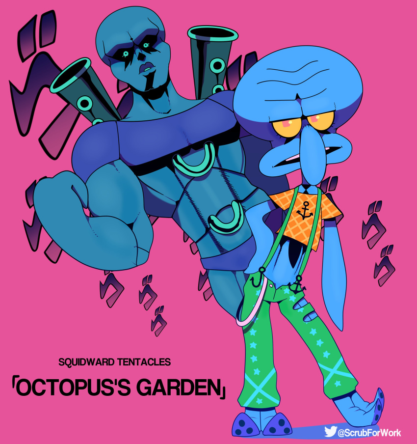 absurd_res anthro cephalopod clothed clothing coleoid crossover hi_res jojo's_bizarre_adventure looking_at_viewer male marine menacing midriff mollusk nickelodeon octopodiform pink_background simple_background solo somescrub spongebob_squarepants squidward_tentacles stand_(jjba) suspenders ゴゴゴゴゴ