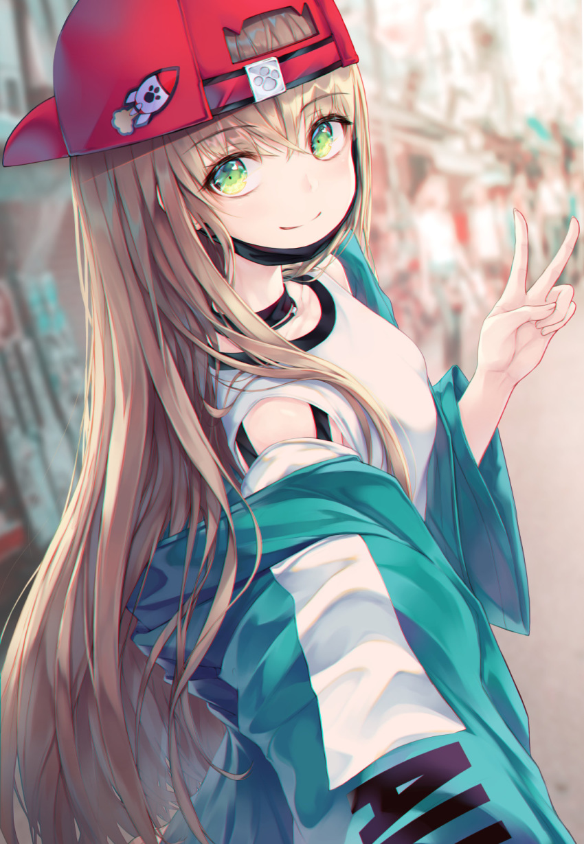 1girl backwards_hat bangs baseball_cap black_choker blue_jacket blurry blurry_background breasts brown_hair choker closed_mouth collarbone depth_of_field eyebrows_visible_through_hair green_eyes h2o_(dfo) hair_between_eyes hand_up hat highres hood hood_down hooded_jacket jacket long_hair long_sleeves off_shoulder open_clothes open_jacket original red_headwear revision shirt sleeveless sleeveless_shirt small_breasts smile solo v very_long_hair white_shirt wide_sleeves
