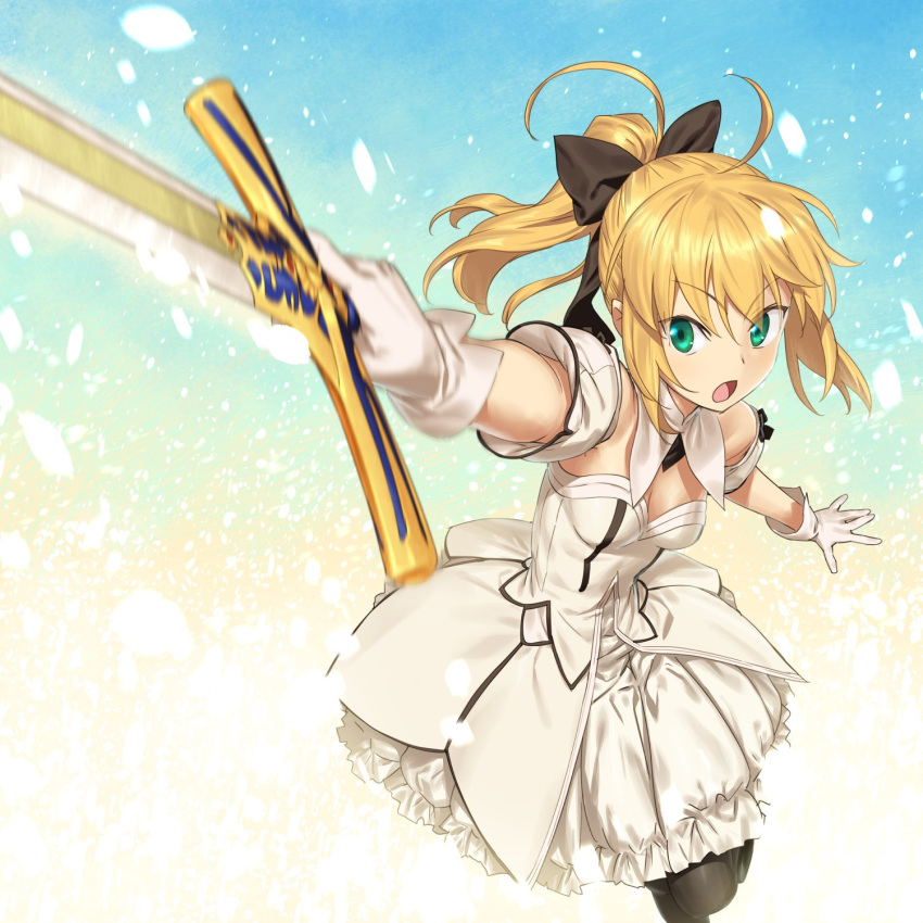 1girl ahoge artoria_pendragon_(all) bangs black_bow black_legwear blonde_hair bow breasts caliburn cleavage commentary dress fate/unlimited_codes fate_(series) foreshortening frown gloves green_eyes hair_bow highres holding holding_sword holding_weapon ikezawa_shin looking_at_viewer medium_breasts medium_dress medium_hair motion_blur open_mouth pantyhose petals ponytail saber_lily short_sleeves shoulder_cutout solo standing sword v-shaped_eyebrows weapon white_dress white_gloves