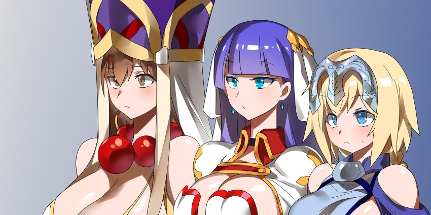 3girls bead_necklace beads blonde_hair blue_eyes braid breasts brown_eyes brown_hair cleavage earrings fate/grand_order fate_(series) hat highres hoop_earrings jeanne_d'arc_(fate) jeanne_d'arc_(fate)_(all) jewelry large_breasts long_hair multiple_girls necklace purple_hair saint_martha xuanzang_(fate/grand_order) yostxxx