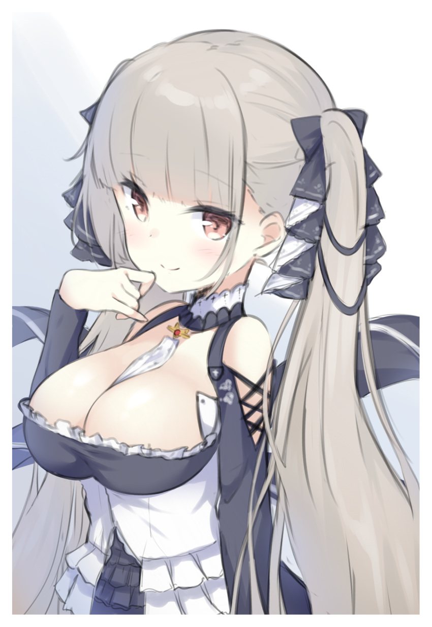 1girl azur_lane between_breasts black_dress bow breasts cleavage commentary_request detached_collar dress formidable_(azur_lane) frilled_dress frills grey_hair hair_bow hand_up highres large_breasts long_hair looking_at_viewer mimura_zaja red_eyes shoulder_cutout sketch smile solo twintails upper_body